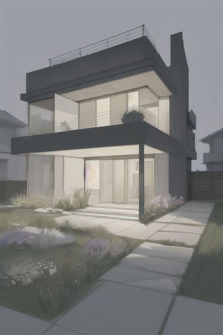 1 modern house architect sketch, grasses, light, simple background, <lora:architect_v2:.7> flowers