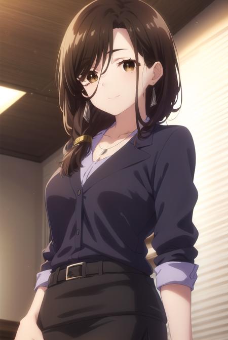 airigotou, <lora:airi gotou s1-lora-nochekaiser:1>,
airi gotou, long hair, brown hair, (brown eyes:1.5), braid, mole, mole under eye, hair over shoulder, mature female, smile,
BREAK skirt, shirt, jewelry, jacket, pantyhose, black skirt, necklace, black footwear, high heels, bracelet, black jacket, side slit, pencil skirt, purple shirt, office lady,
BREAK indoors, office,
BREAK looking at viewer, (cowboy shot:1.5),
BREAK <lyco:GoodHands-beta2:1>, (masterpiece:1.2), best quality, high resolution, unity 8k wallpaper, (illustration:0.8), (beautiful detailed eyes:1.6), extremely detailed face, perfect lighting, extremely detailed CG, (perfect hands, perfect anatomy),