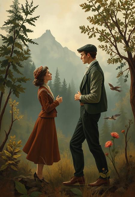 pressing on the glass, stylized figurative painting, muted earth-toned palette, emotional realism, lush natural landscapes, detailed foliage, expressive body language, atmospheric lighting, vintage fashion, painterly texture, Hudson River School influence, romantic wilderness, elegant composition, soft brushwork, contemplative mood, urban characters in nature, luminous skies, timeless tranquility, quiet introspection, refined naturalism, narrative ambiguity
