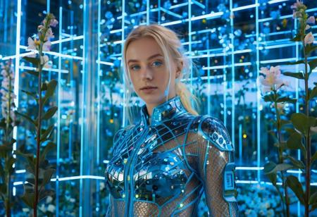Portrait of a young blonde Swedish woman, blue eyes looking at the camera,  in a futuristic transparent suit made of glass, flowers growing from inside her. Background should be a modern building with LED lighting and the atmosphere of the night that reflect. Ratio 16:9, RAW, vivid colors.