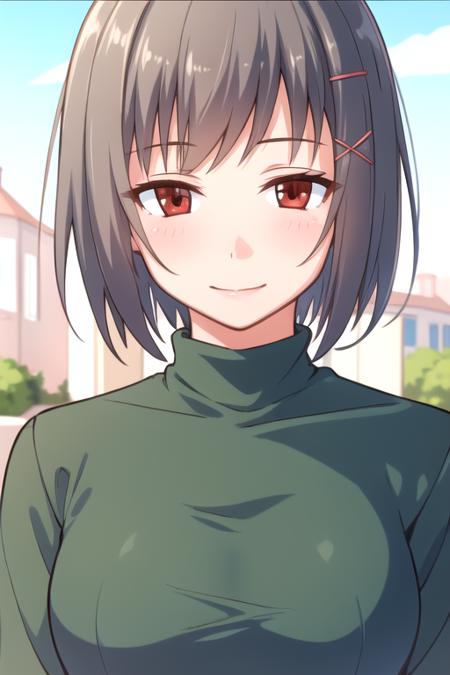 grey hair,medium hair,x hair ornament,hairclip,bangs,red eyes green turtleneck,green shirt,long sleeves,large breasts,underbust,jeans,loafers