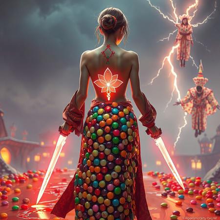 A surreal, candy-themed female assassin seen from behind, standing tall with a graceful and slender silhouette. She wears a flowing robe made entirely of glossy, multicolored candy-coated chocolates like Smarties. Her upper back is bare, revealing a glowing, sugar-crystal lotus flower tattoo that runs along her spine and emits a soft, neon rainbow light, perfectly matching the glow of her candy-forged weapons.
Her exposed back is splattered not with blood, but with melted jelly, hinting at a fierce candy battle. In each hand, she wields glowing, translucent blades made of hardened rainbow sugar, radiating the same luminous energy as her tattoo.
In front of her, a villainous candy sorcerer kneels on a caramel floor, trembling and bowing in submission, his outfit made of licorice strands and gumdrops. Floating farther ahead, a second sorcerer hovers in mid-air, wrapped in radiant, glittering cotton candy robes and surrounded by crackling lightning made of spun sugar, as if casting a powerful magical confection.
In the background, a whimsical candy city melts in slow motion under rivers of molten chocolate and strawberry syrup, casting a warm, glowing red light across a jellybean sky. The overall mood is surreal, colorful, and magical — a candy-coated fantasy world. Style: semi-realistic, ultra-saturated, candy pop aesthetic, Smarties texture everywhere