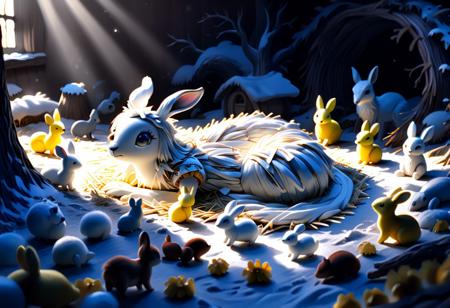lazypos, straw threads, SnowWhite1024
Snow white laying on a bed made of straw surrounded by cutsey woodland animals