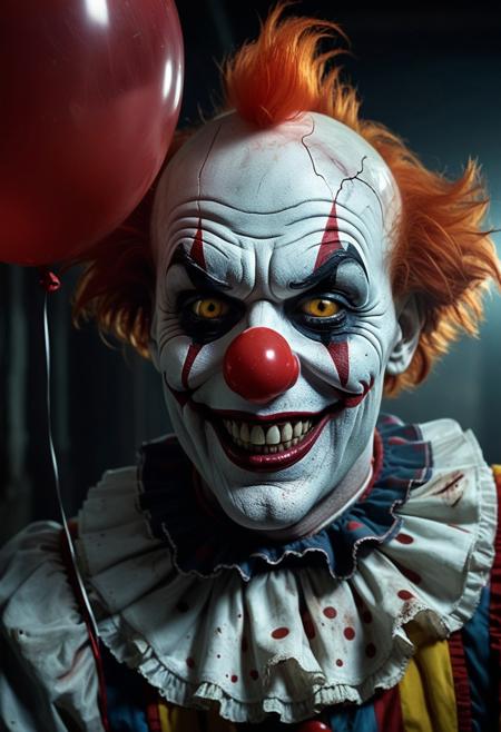 A photorealistic close-up of a terrifying clown in the style of a horror film, inspired by IT. He stares directly at the camera with a wide, sinister grin stretching across his white-painted face. His makeup is cracked and worn, revealing pale skin beneath. Red face paint drips slightly from exaggerated eyebrows and a sharp smile, giving him a grotesque, decaying appearance. His eyes are glowing faint yellow, with dark circles and a cold, predatory gaze. His nose is bulbous and red, and tufts of messy orange hair stick out from each side of his head. He wears a vintage, frilled clown collar and an aged, dirty costume.
In his right hand, he holds a single red balloon by a string. The balloon floats unnaturally still, glossy and blood-like against the deep shadows. A cold, faint light from above casts eerie shadows over his face. The background is dark and foggy, with hints of a decrepit hallway or sewer in the blur. The mood is heavy, suffocating — like a nightmare just beginning.
photorealistic scary clown, inspired by IT, cracked face paint, glowing yellow eyes, creepy smile, red balloon, dark background, vintage clown costume, cinematic horror lighting, eerie fog, unsettling mood