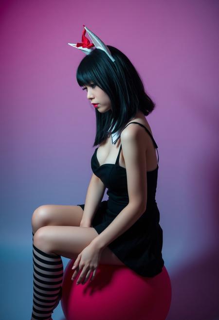 (Soft Lighting Photography by Mimoza Veliu and Mario Giacomelli:1.2), NSFW, Japanese college girl wearing white cat ears, long eyelashes, long black bob, face obscured by hair, bare feet, feet to viewer, white ears with red bow, sexy black dress with white collar, black and white striped stockings, breast exposed, sitting on a bouncy ball with her leg, white grunge, in profile, side view, surrealism, fashion illustration, gradient magenta and teal background, avant-garde, vivid colors, filigree, photorealistic rendering, moody chiaroscuro lighting. sexy, dynamic poses,