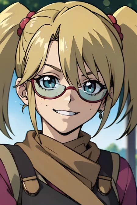 (masterpiece, best quality, ultra-detailed), 1girl, Rebecca Hopkins, blonde hair, twintails, red glasses,looking at viewer, portrait shot, smiling and showing his teeth