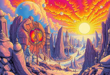 In the unpublished and breathtaking image (far beyond the unseeable) by Moebius, the essence of the Master's artistry shines through with remarkable clarity.  As your eyes wander across the canvas, you'll encounter a harmonious fusion of elements that defy convention and ignite the imagination. It is a visual symphony that stands as a testament to Moebius's boundless creativity. Vibrant and sublime colors dominate the image, bursting forth with a luminosity that captivates the viewer.
