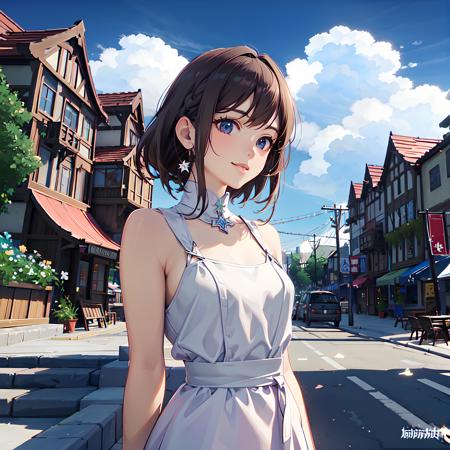 (1 girl),mid shot,smile,perfect face, very beautiful eyes,stars in the eyes,(photo realistic),standing, arms behind back,braid,short hair,(white dress:1.4),(upper body:1.4),(photo background:1.3),(mengde:1.2),small town,flowers,sakura on the ground,sakura trees,booths,street,stairs,masterpiece,best quality, highly detailed, cinematic lighting, sharp focus, realistic ,(high quality, best quality, hi res), (ultimate phtoreal Concept Art),realistic,photo realistic, <lora:GenshinImpactConcept_genshinmondstadtV10:0.8>,