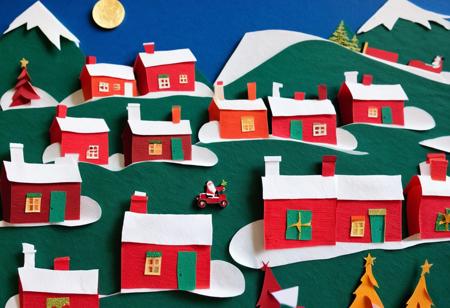 Crepe paper collage. Santa's last stop on Christmas Eve, Tiny Town Below