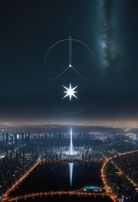 An enormous city sprawl with a city skyline reaching for the stars,
Aleph Tower, centre for the AI that rules the Human civilization, in a glittering city of glass and shining metal,
   bright sunlight under a pitch black sky.
So twice five miles of urban sprawl,
With walls and towers  girdled round;
In center: a black circle in bold lines intersected by a thick pentagram, five pointed star, symetrical
Photographer Reuben Wu Style