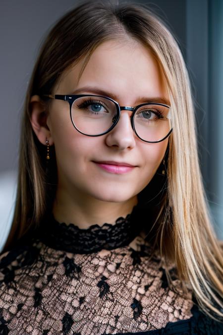 glasses, Sharp Focus, wo_dakpink01, her expression is happy with a slight smile, dark blonde hair,  (close-up:0.8),  low key lighting, shot on Lumix GH5, cinematic bokeh, lace choker, (simple background:1.2), teasing, detailed skin, <lora:woDakotaPink01:0.85>