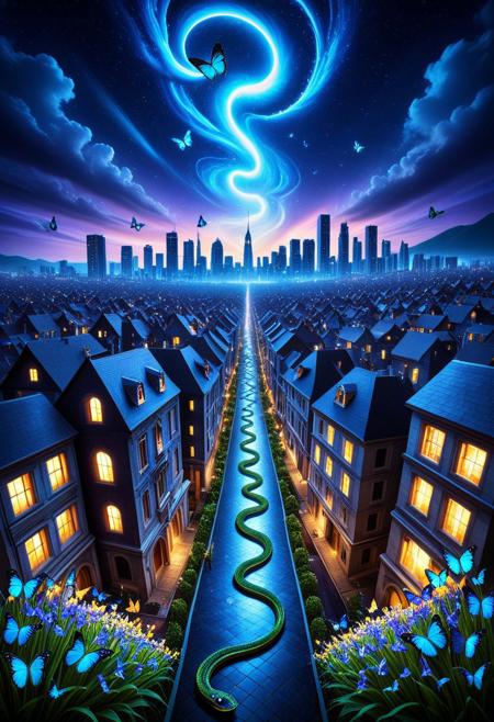 masterpiece, best quality, very aesthetic, absurdres,(score_9, score_8_up, score_7_up),butterflyStyle, epic background, nightsky cityscape landscapes with buildings and butterfly, a snake covered in butterfly, glowing eyes, vivid eye color, (beautiful eyes:1.2), (gradient iris, crisp iris edges), confident pose, action dynamic pose,
