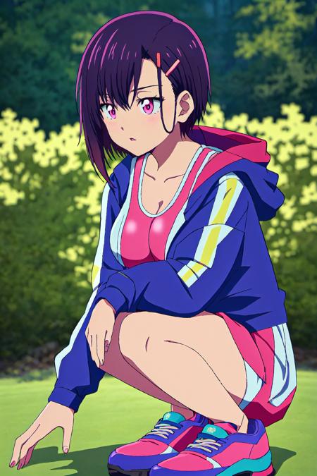 shizuka, short hair, red hairpin, dark purple hair, purple eyes, pink sport bra, pink sport short, dark purple thighthigh, blue pink shoes, colorful jacket, outdoor
high quality, best quality, ultra detailed, masterpiece, 1girl, young woman, big breast, <lora:EMS-51745-EMS:0.800000>