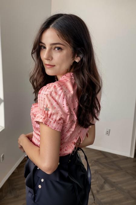 wearing a business suit, Cerise blouse,  birthday party  <lora:Monica1873Bar:1> a woman, m1873b, solo,