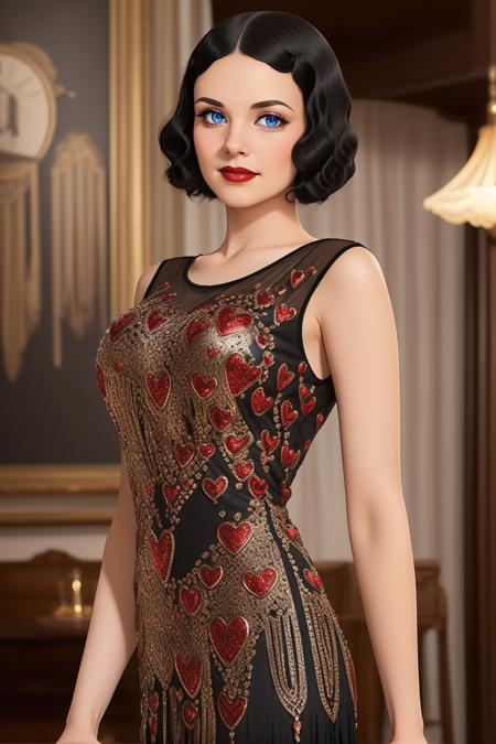 heart_20s, round neck heart beaded long flapper 1920s black dress, fringe