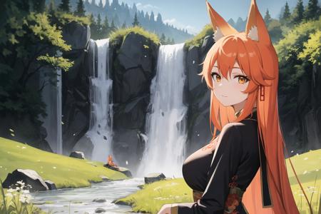 masterpiece,best quality,1girl,chinese clothes,long orange hair,fox ears,grass meadow,waterfall,stone path,looking at viewer