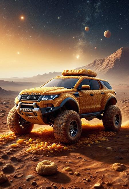 DFC, (fine texture, masterpiece, ultra-detailed, very aesthetic, absurdres, volumetric lighting, scenery), BREAK,
A rover with a crispy batter shell rolls across Mars’ surface, its doughnut wheels kicking up potato chip dust under a starry fry-oil sky.