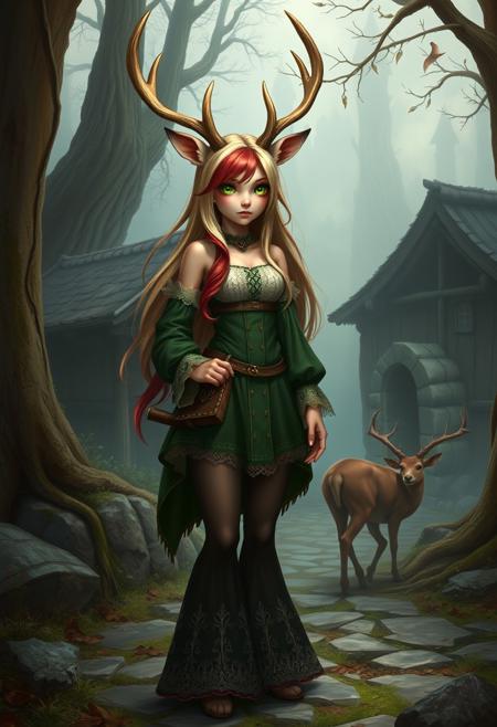 medieval fantasy scene, 
anthro deer girl, deer antlers, deer fur, large green eyes, two tone hair, long blonde hair, red hair highlights, small breasts, thick thighs, wide hips, bare shoulders, solo girl, standing posing, medieval outfit, laced tunic, flared pants, leotard over clothes, laced leggings, wide poofy leggings, cameltoe, wide flared laced pants, bloomers pants, green tunic,