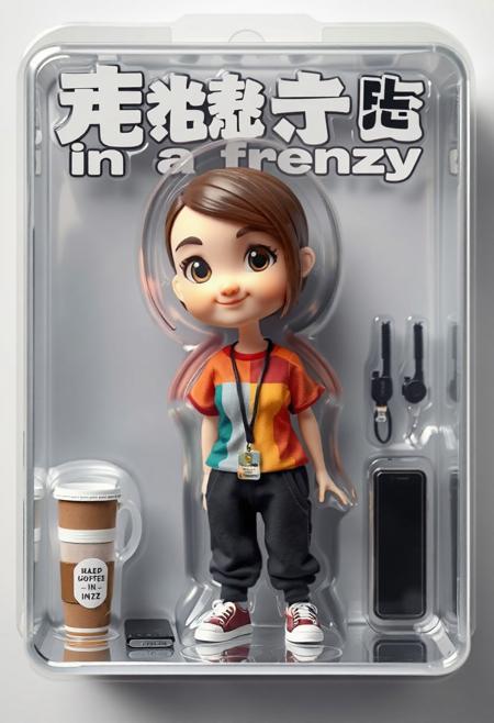 Create a realistic image of a movable 3D figure (doll), with the character described by me. Consider the main features - a short woman with broad shoulders and wide hips, short hair, shaved temples, short bob haircut, brown hair, narrow face, big eyes, small nose, modest smile. It should be packed in a transparent blister. At the top of the package there is a large white inscription: "Astera in a frenzy". The figure is dressed in an arched multi-colored T-shirt, black sweatpants with cuffs. Also add related items in the form of plastic accessories next to the figure - a sealed coffee mug, a walkie-talkie, a badge, a mobile phone. The style of the image is cartoonish, cute, but neat.