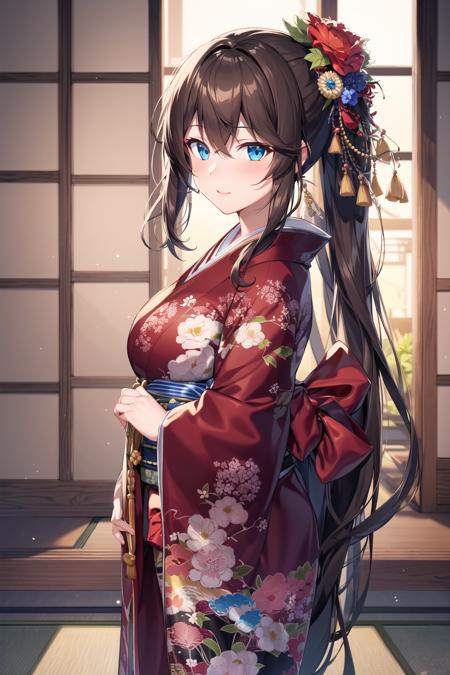 masterpiece, best quality, ultra-detailed, illustration, warm lighting, bright colors, 1girl,solo, long hair, very long hair, chifuyu,

brown hair, blue eyes, pony tail, hair ornament, hair_flower, 

japanese clothes, japan, japanese clothes,

 <lora:chifuyu:0.65>