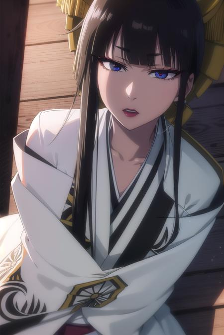 senjumaru shutara, long hair, bangs, blunt bangs, black hair, sidelocks, (black eyes:1.5), makeup, lipstick, red lipstick, japanese clothes, kimono, mechanical arms, extra arms,