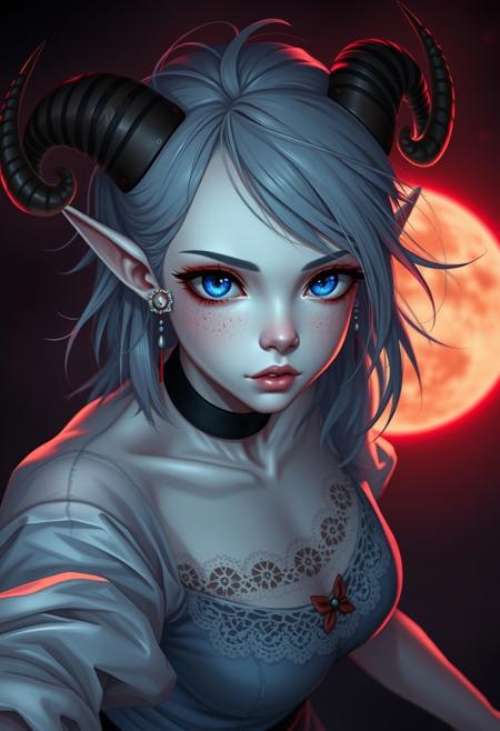 dynamic angle, dynamic view,portrait,
1girl, oni girl, elf ears, white skin, shiny skin, oni horn,h0rns,buzz cut, medium hair, messy hair, multiple earrings, face scar, shy nerd, freckles, detailed eyes, deep blue eyes, innocent pure face, medium breast, lace chocked, white blouse, blood moon back lighting, lewd eye contact,