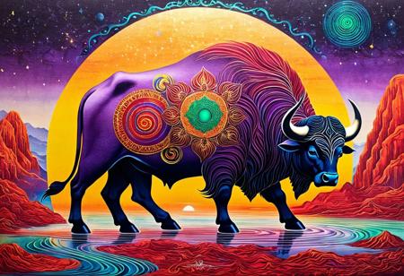 Manichaean art, Cosmic Bull, Eliah and Khezr searching for the water of life in the land of darkness, purple halo, land of darkness, malachite stone structures, Haft Paykar, ruby red, crimson red, recurrence, cyclic universe, cyclical, aureolin, crimson red, sharp colors, bright, splendid, mesmerizing art, ths_tapestry, masterpiece, ths_tapestry, Amanda Sage style, pureerosface_v1, FixedStars
