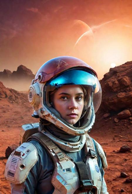 Sci-fi, portrait of a woman 22 yo, worker coming from mars planet, oxygen helmet with holographic HUD system, inside leds  and two side front lights turned on,  worn and dusty , sandy, outdoor, in the background  rocks landscape, reddish sky, high detail, realistic, rule of thirfs composition , Cinematic Film style