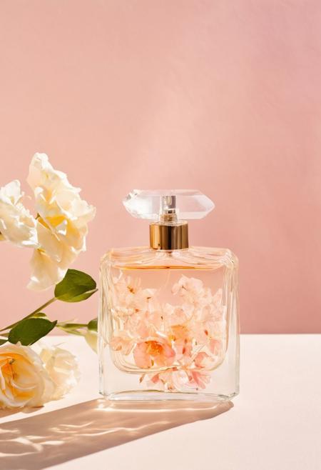 : Product photography, a perfume bottle, in the style of floral art, horizontal composition, dreamy pastel color palette, serene floral theme, beautiful sunlight and shadow