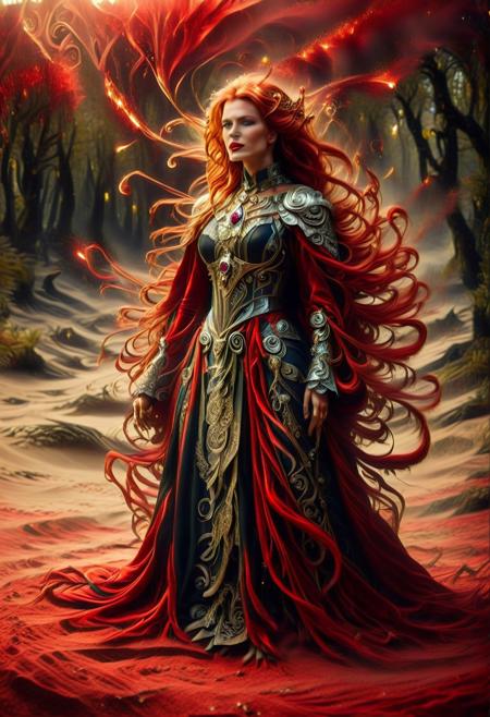 sandswirl, nbn-freyja, (red swirling sand background:2), indoors, standing, 1woman, solo, long hair, black choker, eyeliner, gorgeous lips, covered breasts, cinematic, best quality, ultra-detailed, very aesthetic, (natural eyes:1.4), freckles, aloof, (masterpiece:1.1), small waist, fitness body, wide hips, 32 years old, golden blond hair, censored, (big stained glass windows:1.4), (swirling sand Victorian dress:1.6), (red ruby clothes:1.6), high end closure, Evil Queen, cinemascope, moody, epic, gorgeous, film grain, natural hands, red elbow gloves, knee boots, dramatic, ritual magic, freyja, auburn hair, braided hair, magic, forest, Viking queen, mythic beauty, feathered cloak, fur, armor, robe, braid, rune jewelry, photorealistic, cinematic, flowers, jewelry, photorealism, cinematic lighting, high fantasy, mythic portraiture, soft background, northern folklore aesthetic, (fully dressed:2), (RAW photo), 4K, best quality, realistic, photorealistic, masterpiece, extremely detailed, an extremely delicate and beautiful, dynamic, realistic anatomy, candle lighting, perfect shading, professional shading, depth of field, great lighting, goth wedge boots, elegant, gorgeous, highly detailed, detailed fluorescent hair with dark roots, 35mm, f1.4, dark lipstick, full shot photo, perfect face, perfect anatomy, cute, beautiful, perfect beauty, amazing beauty, absolutely perfect, perfect skin, gentle, highly detailed, breathtaking, clear skin, (swirling sand clothes:2.6).