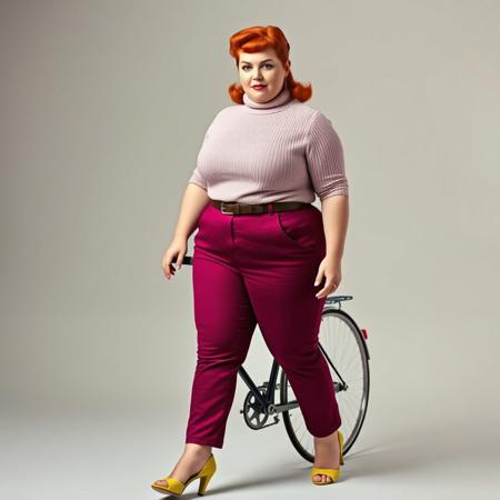 masterpiece portrait of young obese red-haired British woman::1.4, 1950s fashion photography style::1.2, cinematic realism art::1.1
(physical description: full body shot, soft and rounded physique, dynamic presence, expressive features, fair skin, red hair styled in a mid-century coiffure:1.1)
(facial features, expression: confident gaze, poised expression with a hint of allure, classic makeup with defined brows and lips:1.0)
(clothing details: ribbed short-sleeved turtleneck sweater in pastel pink (#ff94e6), dark cigarette pants in deep fuchsia (#ff76a0), cinched waist with a decorative wide belt, open-toed textured heels in citrus green (#d6ff7e):1.0)
(accessories: vintage earrings or subtle period-appropriate jewelry, walking with a bicycle:0.9)
(background setting: plain, light-colored studio backdrop emphasizing the subject (chromatic tone matched to soft vintage photography):0.9)
(lighting style: classic 1950s portrait lighting with soft shadows and subtle glow, studio flash with diffusion:0.8)
(composition and camera framing: full body centered composition, slight angle from below to enhance glamour and stature:1.0)
(emotional tone or theme: vintage elegance with a bold feminine presence, echoes of classic Hollywood allure:0.9)
(technical execution: vibrant yet balanced color saturation using palette #ff94e6, #ff76a0, #d6ff7e, #c3fb00, #9dfb00, medium format photo realism:0.8)