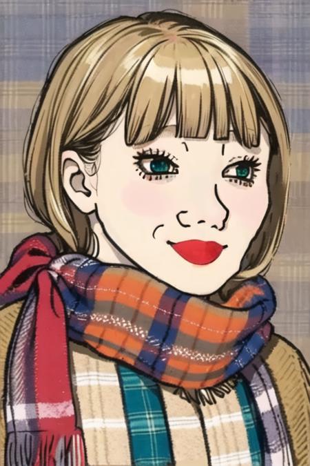 <lora:wojak:.9>, wojak, masterpiece, best quality, 1girl, green eyes, solo, scarf, blonde hair, open mouth, bangs, blush, sparkle, blunt bangs, portrait, smile, breath, blue scarf, plaid scarf, :d, looking to the side