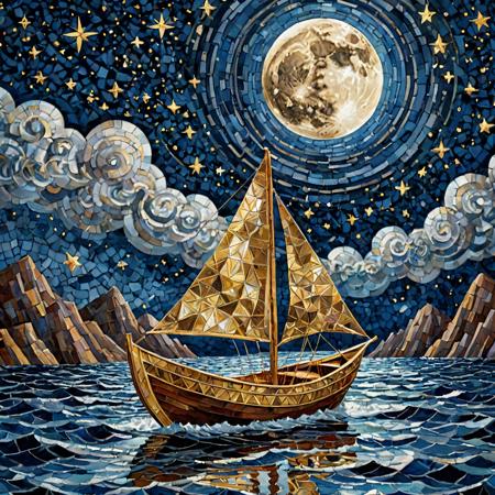 Illuminated ("The moon, a silver boat, sails through the sea of stars, painting dreams on the night sky.":1.2) , Suffering, hillside, Cubism, side lit, Selective focus, Kodachrome, gilded technique, Batik