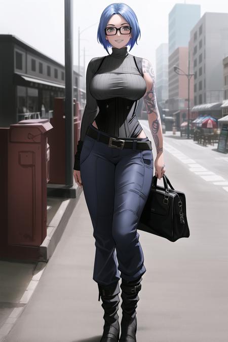 <lora:MayaBL2:.6>, MayaBL2, 1girl, bag, between breasts, black footwear, blouse, boots, breasts, casual, city, corset, full body, glasses, grey-framed eyewear, knee boots, looking at viewer, outdoors, pants, rectangular eyewear, ribbed shirt, semi-rimless eyewear, shadow, shirt, smile, standing, standing on one leg, strap between breasts, turtleneck, tattoo, blurry background, blue hair,