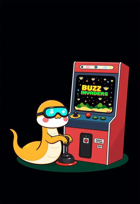 furry art, photorealistic digital art, Stationary Background, aidmatextimprover
A playful cartoon snake baby coiled around a joystick, sitting in front of a retro arcade machine. The screen displays a game titled “Buzz Invaders” with pixelated bees flying across the screen. The snake wears gamer goggles with a slight green glow, and there’s a tiny coin slot on the machine with a sticker that reads, “Insert Buzz to Play.” The setting is simple, with just the arcade and glowing game screen in focus.