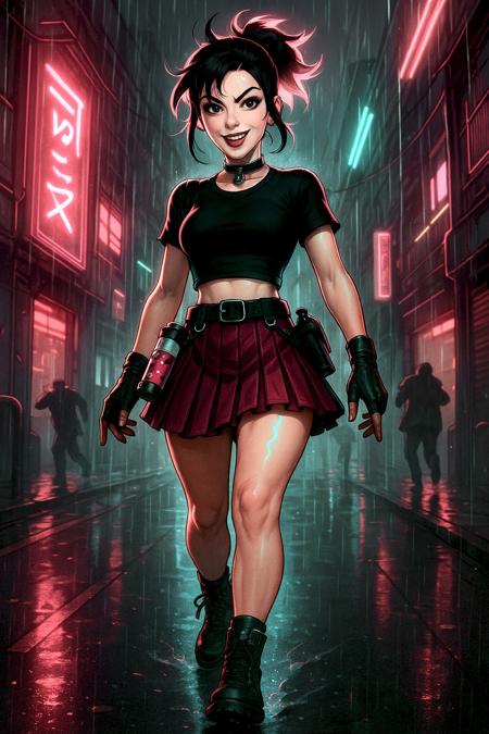 In the rain-slick back alleys of Neo-Shinjuku, the city’s pink neon veins flicker like a faulty heartbeat. Strutting straight toward the lens with the swagger of someone who’s just hacked a megacorp for fun, our heroine “Pixel-Punk Polly” balances danger and chic in equal measure. She’s drawn in a hyper-stylised anime-meets-ink-comic aesthetic: razor-sharp line art, glossy cell-shaded skin, and moody painterly gradients that glow under ultraviolet signage.

Polly’s cropped, jet-black combat tee stretches over athletic shoulders, the fabric catching fuchsia under-lighting while a teal rim-light kisses her silhouette. A leather choker with a dangling circuit-board charm bobs at her throat. Her pleated miniskirt—magenta on the outside, midnight on the inside—fans dramatically with each confident step, its micro-folds rendered in high-fidelity detail. A tactical belt slung low carries an absurdly over-engineered bubble-gum dispenser and a holstered neon hair-spray “weapon.”

Her legs, perfectly proportioned and anatomically sound, show subtle muscle definition and realistic knees—no odd bends, cracks, or mismatched shading. One thigh sports a sleek cyber-scar that glows faintly, following the natural curvature of her leg. She wears matte-black fingerless gloves (each hand with exactly five elegant fingers), and scuffed, steel-toe lace-up boots that splash through shallow puddles reflecting kanji billboards above.

Behind her, blurred silhouettes of corporate drones scramble in panic, rendered with just enough detail to hint at a narrative without stealing focus. Neon signs in stylised glyphs (no readable English text) streak violet and cyan across rain-fogged windows, casting dynamic reflections on the slick pavement. Electrical cables hang overhead like urban vines, leading the eye deeper into the scene’s one-point perspective.

Overall vibe: high-contrast cinematic lighting, vibrant pink–teal color palette, dramatic low-angle viewpoint, and a mischievous grin on Polly’s face that says, “I dare you to follow.”

Style & Quality Notes: ultra-detailed, high-resolution (8K), crisp line work, smooth gradients, soft subsurface scattering on skin, no doubling of limbs, no warped anatomy, no floating artifacts, no text overlays, impeccable proportions, richly textured fabrics, subtle depth-of-field bokeh, volumetric neon haze, illustrated by a collaboration between Studio Trigger, Katsuhiro Ōtomo, and a modern comic-ink master.