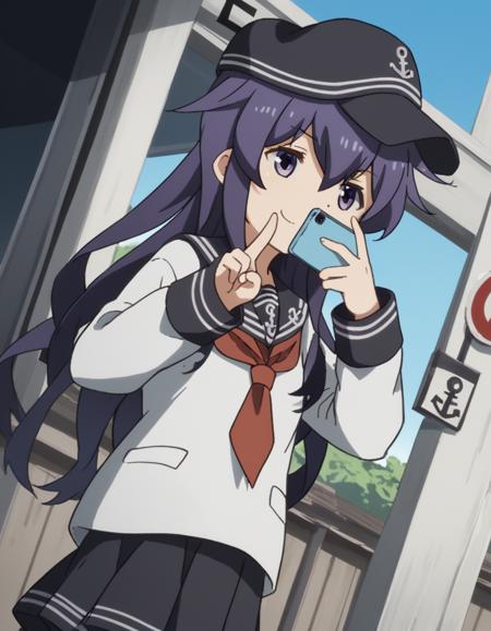 akatsuki, long hair, hair between eyes, purple eyes, purple hair, akatsuki (kancolle) skirt, shirt, long sleeves, hat, school uniform, pantyhose, pleated skirt, serafuku, black skirt, sailor collar, neckerchief, black pantyhose, red neckerchief, anchor symbol, flat cap,