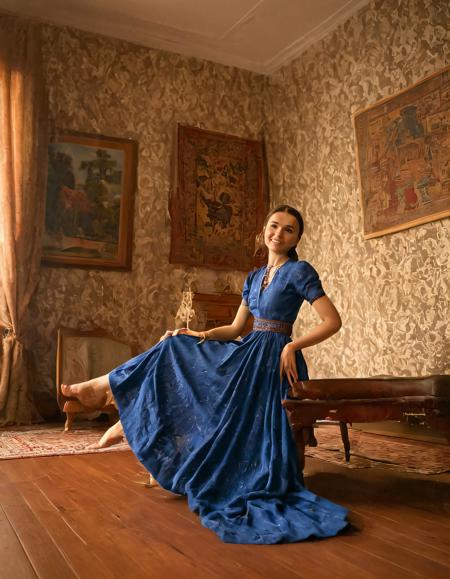 In this photographic masterpiece, AnyutkinaA, clad in her enchanting vintage-inspired blue dress that flows elegantly along her slender frame, radiates poise and grace amidst the intimate setting reminiscent of a literary classic. As she poses thoughtfully with a radiant smile, capturing the essence of the genre's timeless beauty through her enraptured expression, the scene exudes yearning and nostalgia. The camera angle artfully frames this alluring moment against a backdrop adorned with intricately woven tapestries, vintage artifacts, richly detailed wooden floors, and warm hues of light streaming from distant windows. Thus, AnyutkinaA's outfit, pose, lighting, background details, and emotional tone effortlessly unite to create an unforgettable, surreal tribute to the timeless allure of a cherished home and setting. anyutkinaa <lora:imnivu18fa56ff1d1raa5:1>