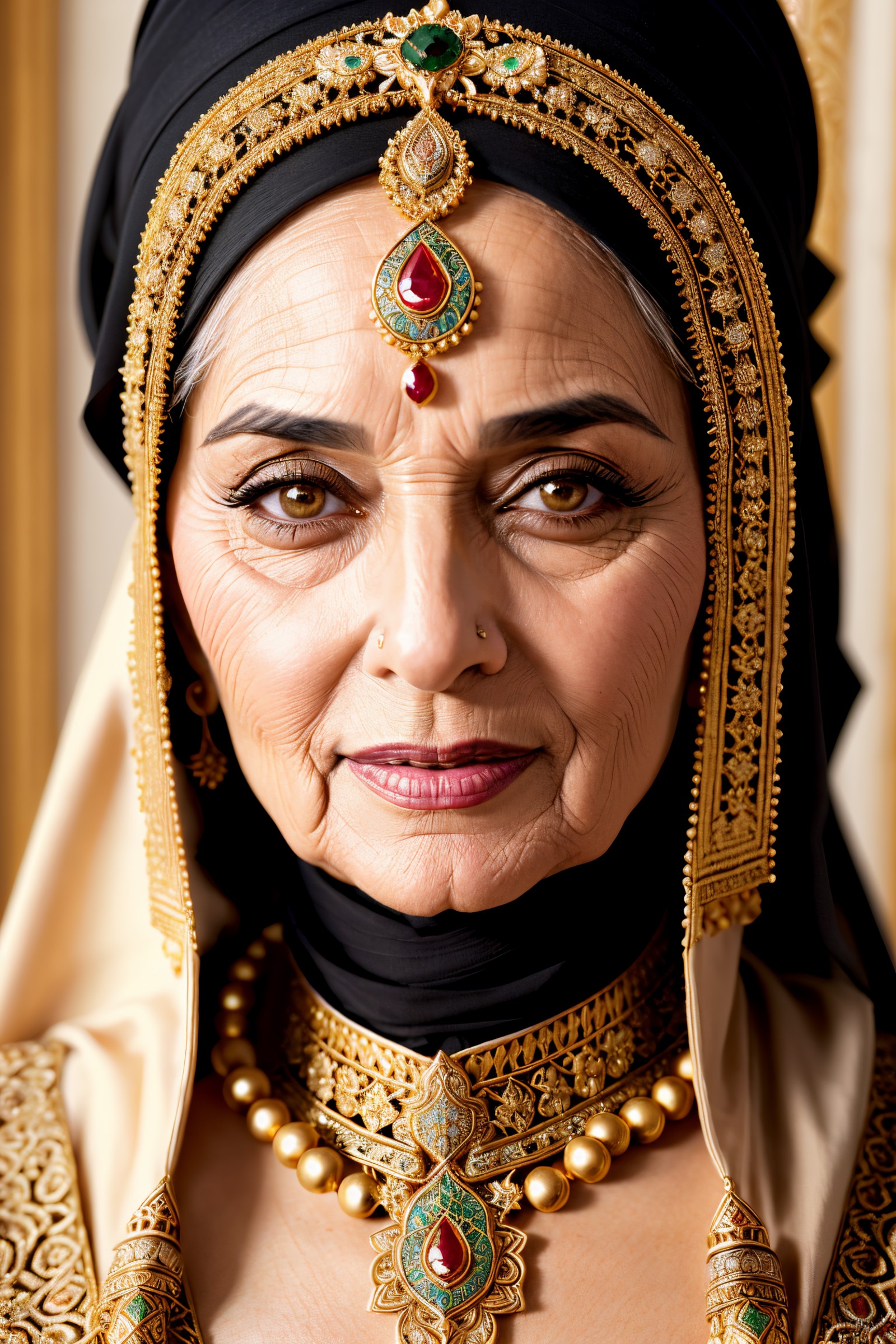 Close-up hyper-realistic portrait painting, (Sophisticated 70-year-old Arabic female with hejab and ornate jewelry:1.3), H...