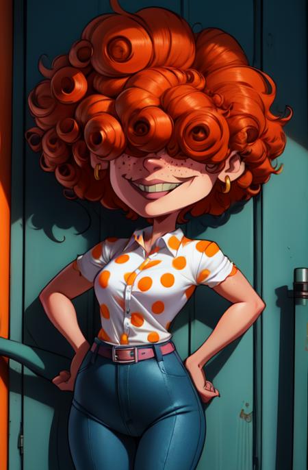 LeeK, curly orange hair, freckles, hair over eyes,  blue tooth, 
standing, hands on hips, smug expression, solo, covered eyes, 
(insanely detailed, beautiful detailed face, masterpiece, best quality) 
 <lora:LeeKanker-10v7:0.8>