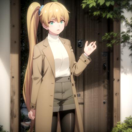 <lora:kirei_shinobi_v1(outall_resize-sv5):1> kirei_olis, 1girl, solo, long hair, blonde hair, side ponytail, green eyes, aqua scrunchie, turtleneck sweater, brown coat, brown shorts, black pantyhose, looking at viewer
BREAK
outdoors, wooden door