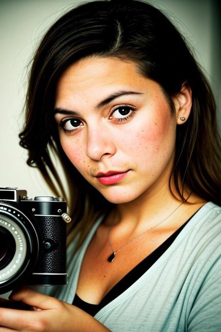 The image portrays a young woman with long, dark hair holding a vintage camera close to her face, partially obscuring one of her eyes. She gazes directly into the lens with an intense, thoughtful expression. The photograph has a distinct cinematic and nostalgic aesthetic, with soft lighting, a grainy texture, and subtle color grading that gives it a vintage, film-like quality.
Subject and Composition
The subject's face is positioned slightly off-center, drawing immediate attention to her sharp and expressive features. Her dark, well-defined eyebrows frame her deep-set eyes, which are slightly shadowed, adding to the introspective mood of the image. Her lips, which are slightly parted and tinted a natural red, contrast subtly with her smooth, pale skin. Strands of hair fall loosely across her face, reinforcing the unposed, organic nature of the portrait.
The camera she holds is an older model, silver and black with a rounded lens, possibly a vintage point-and-shoot film camera. Its reflective surface catches some light, making it a noticeable focal point. Her fingers gently rest on the camera's body, showcasing her relaxed grip, suggesting familiarity and comfort with the device. The camera partially obscures her left eye, creating an artistic and symbolic interplay between the act of capturing an image and being observed.