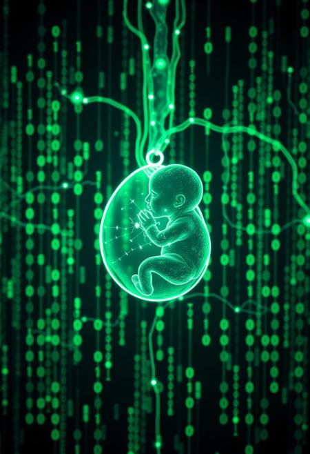 matrix of glowing translucent binary digits of code cascading, comprised of detailed vertical cascading streams of glowing green Matrix-like code, depth of field, code droplets in shape of human embryo connected to intersection of nodes in circulatory system, ultrasound detailed sonogram