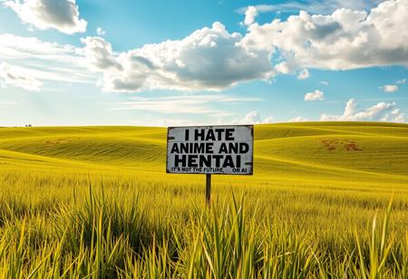 In the middle of an expansive and undulating field, a solitary sign stands defiantly against the backdrop of a vibrant sky. The sign, weathered yet sturdy, bears a bold proclamation: “I HATE ANIME AND HENTAI,” rendered in striking letters that seem to resonate with a passion that transcends mere words. Beneath this audacious statement, the phrase “IT'S NOT THE FUTURE, OR AI” is inscribed, challenging the viewer to ponder the implications of technology and culture. The rich textures of the sign contrast sharply with the lush greenery surrounding it, creating a visual masterpiece that captures the essence of a modern-day debate.
As sunlight bathes the scene in warm hues, the high-resolution details come to life—each blade of grass sways gently in the breeze, and the clouds overhead drift lazily, as if contemplating the sign’s provocative message. This UHD, 8K image invites the onlooker to reflect on the nuances of art and expression, sparking conversations about the nature of creativity in a rapidly evolving world. In this serene landscape, the sign stands as a bold testament to individuality and the diverse opinions that shape our cultural landscape, merging simplicity with depth—a true masterpiece in its own right.