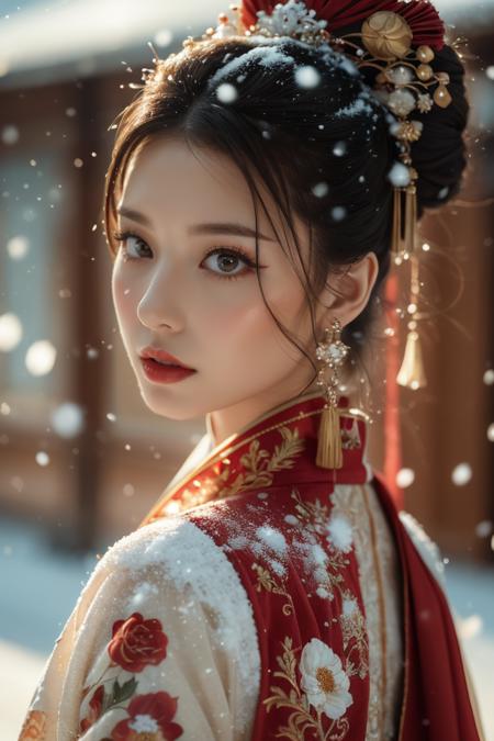 Warm Snow,1girl,solo,hair ornament,black hair,jewelry,earrings,looking at viewer,blurry,snow,snowing,red lips,chinese clothes,looking back,upper body,flower,blurry background,makeup,black eyes,lipstick,hair stick,realistic,floral print,lips,closed mouth,
best quality,masterpiece,illustration,an extremely delicate and beautiful,CG,unity,8k wallpaper,Amazing,finely detail,masterpiece,official art,extremely detailed CG unity 8k wallpaper,incredibly absurdres,huge filesize,ultra-detailed,highres,extremely detailed,beautiful detailed girl,realistic,<lora:Warm Snow:0.8>,