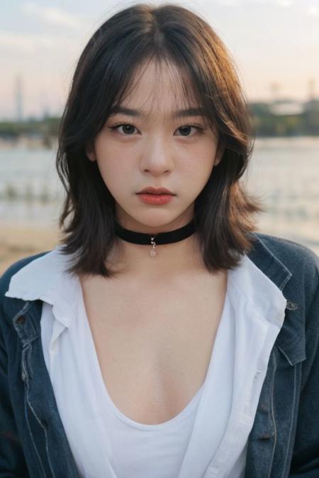 1girl, black shirt, jeans jacket, petite, white shirt, full body, bright picture, cute korean girl, blue eyes,(brown hair), facing the camera, highly detailed, epic, (straight hair:1.7), gorgeous, film, Ultra High Resolution, wallpaper, 8K,Rich texture details, hyper detailed, detailed eyes, detailed background, dramatic angle, epic composition, SimplepositiveXLv1 dynamic lighting, award winning photo, (black choker:1.3), long hair, freckles,, (18 year old girl), (mad:1.7), slut, whore, ash hair, red lips, (no makeup:1.7)