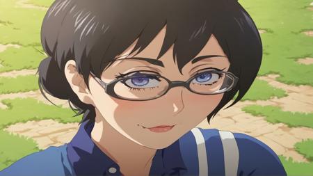 a woman with glasses with a blue shirt on, anime style, anime, Japanese, Japan, Manga, MAPPA, graphic designs, digital painting, fantasy, High-Quality Artwork, Artwork, Art style, cartoon,