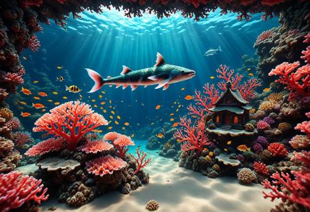 A breathtaking, hyperrealistic digital painting, a surreal, dreamlike underwater coral landscape. A slice of a wavy ocean, with a majestic fantastic coral reef, casting shadows across the watery scene. Hidden within the reef are small temples crafted of colorful corals to blend into reef. Dotted about the scene are tiny merfolk with colorful flowing tails. A submarine of explorers is seen in the background. Beams of light reach from the surface creating a hazy, dreamlike atmosphere. dramatic volumetric lighting, creating a sense of vastness, adventure, and intense exploration – 8k resolution, trending on ArtStation. SDXL_POS, flux-style, aidmamj6.1, coralbugXL