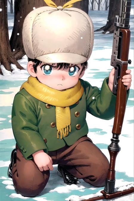 corio 1boy, child, short hair, fur hat, yellow scarf, green coat, brown pants chibi