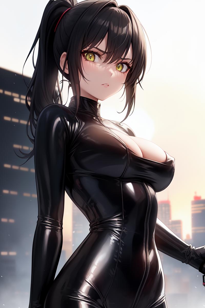 A cartoon image of a woman wearing a black leather suit.